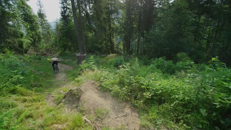 a mountain biker rides off a stump at high speed