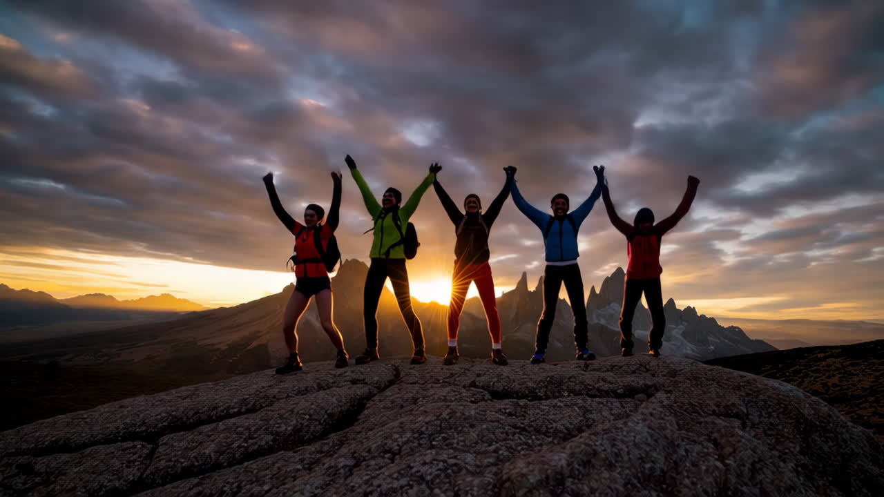 Silhouette of Climbers on Mountain Summit at Sunrise