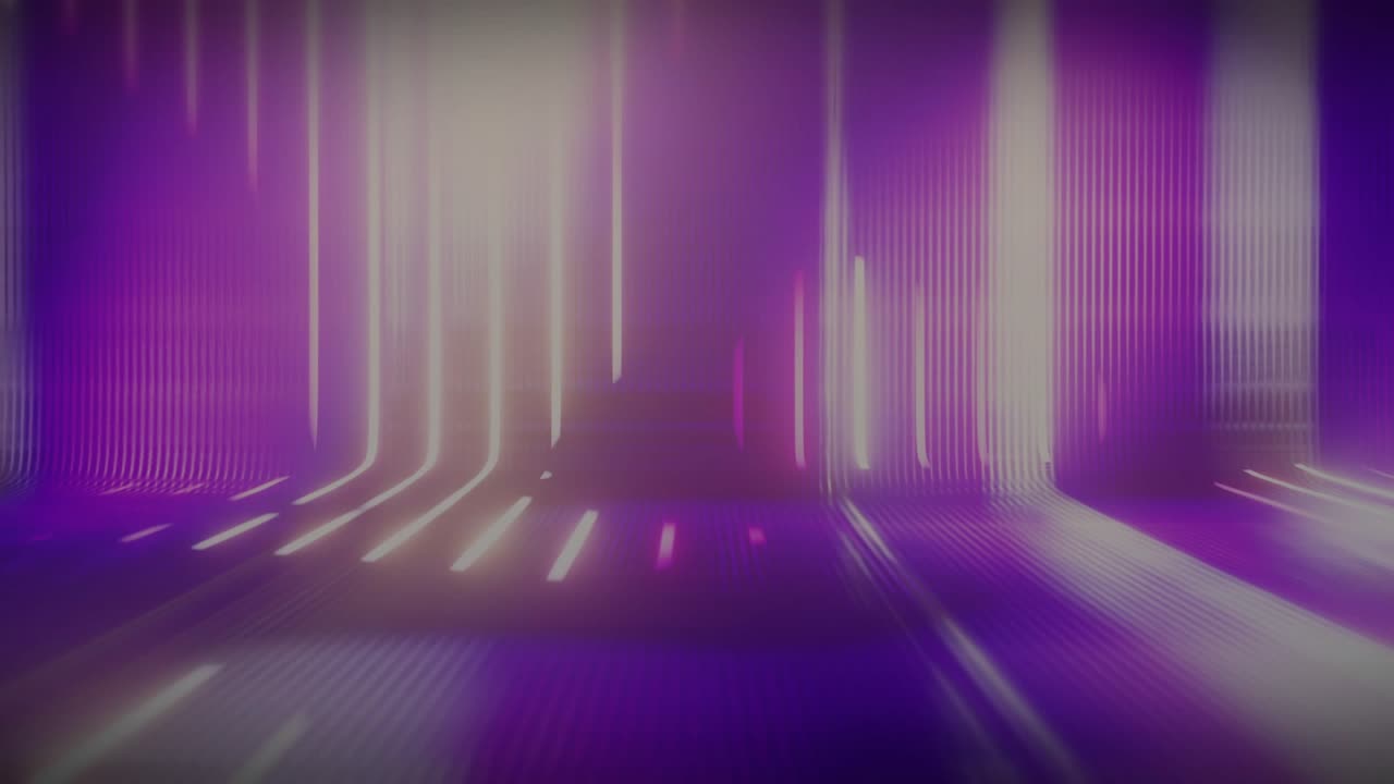 Neon lights starting at white-purple burst diffusing columns, pulsing rails, forming virtual stage