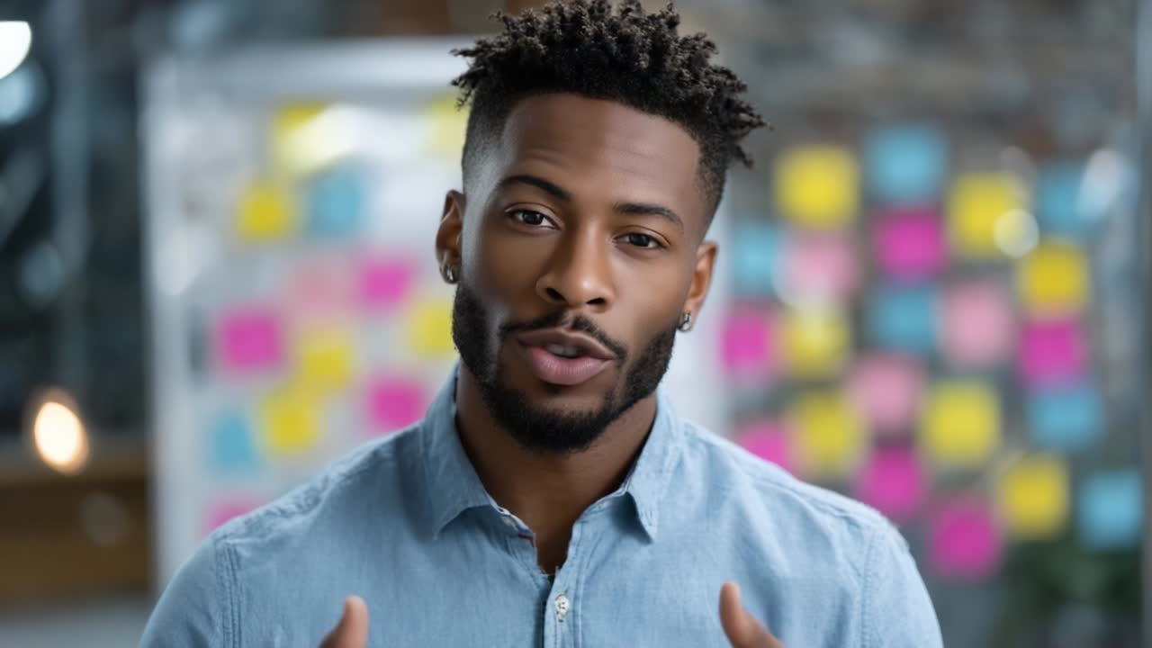 A Confident Male Speaker Engaging Transitioning Dialogue with Expressive Gestures in a Brightly Lit Environment Filled with Colorful Sticky Notes Behind Him, Representing an Inspiring and Collaborative Atmosphere