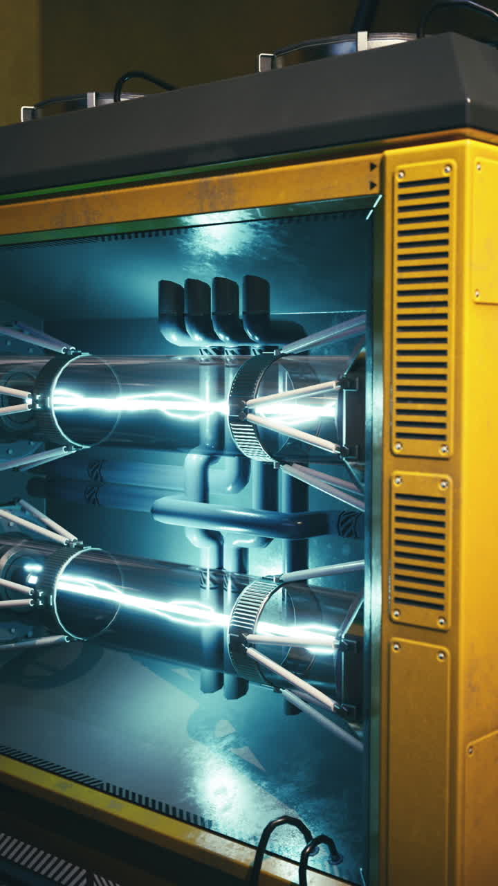 Innovador generador de energía mostrado en un entorno industrial oscuro