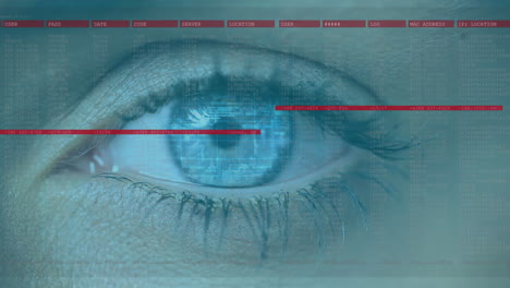 animation of woman's blue eye opening with interface and scrolling digital information over iris