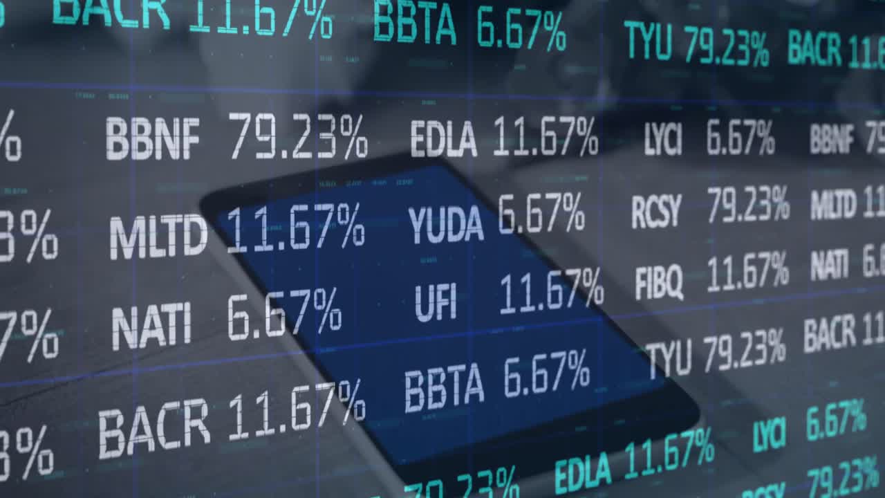 Animation of stock market data processing against close up of a digital tablet