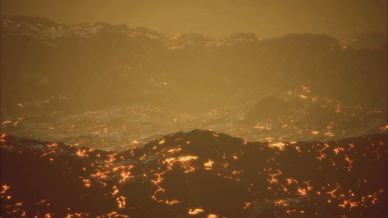 薄明かりの中、活火山で溶岩流が作り出す燃えるような風景。