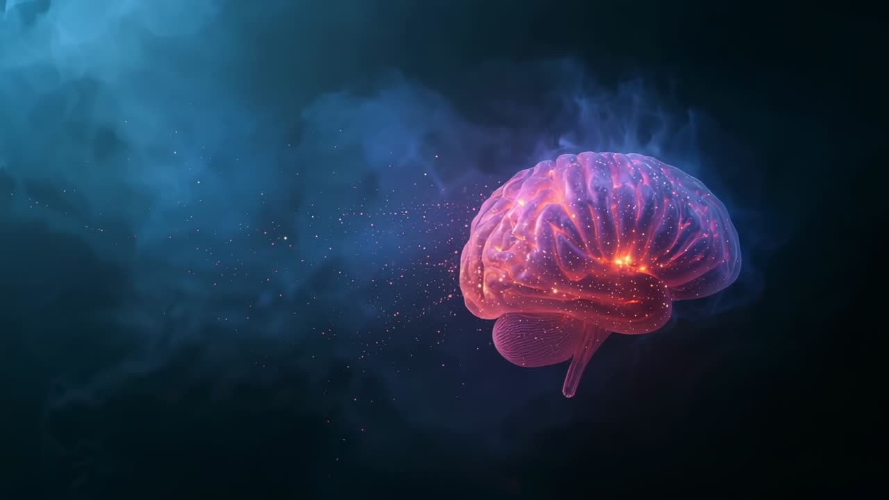 Modello di cervello luminoso rotante che fluttua nel vuoto, con percorsi pulsanti e scintille fluttuanti per l'attivazione