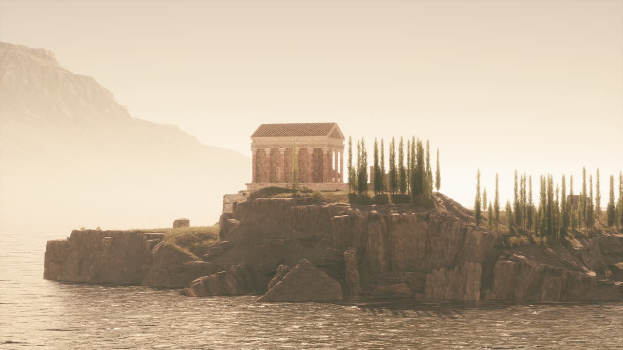 Ruins of an ancient roman temple overlooking a tranquil lakeside landscape