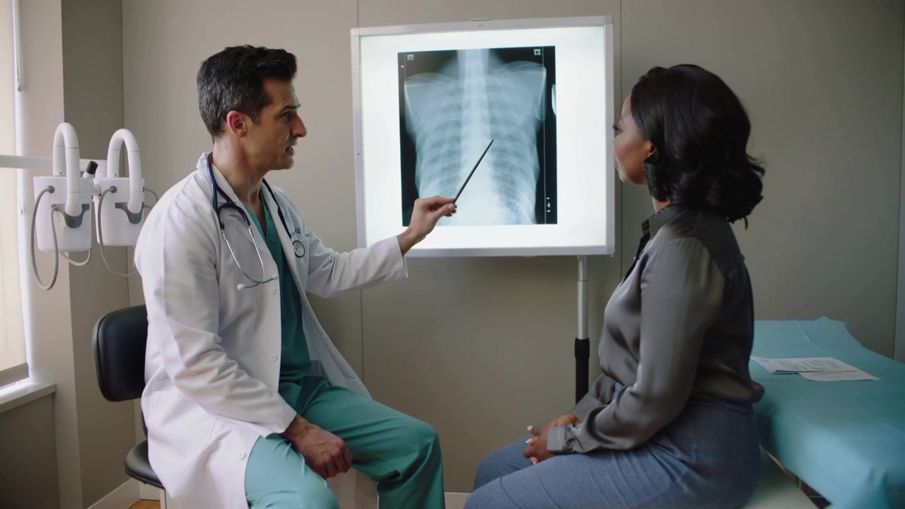 Reviewing clinician pointing pointer explaining X-ray in clinic in white coat patient observing