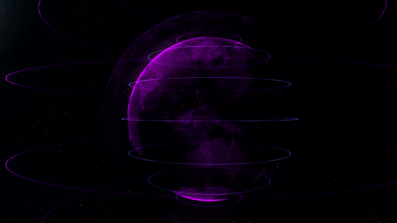 Abstract sphere. Connected violet dots with lines. Globalization interface. Dots accumulation. Close up video. Moving from a blick to full planet. 4K.