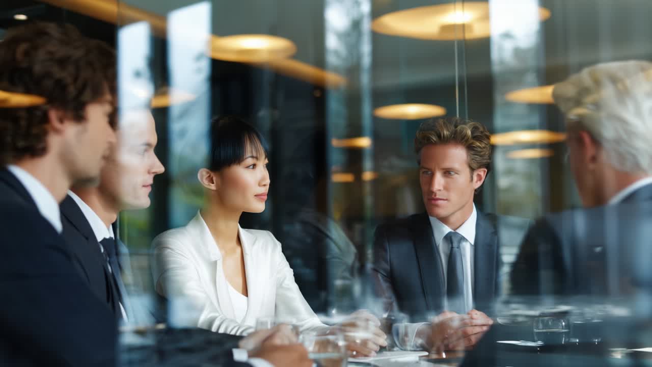 A Professional Meeting in a Modern Conference Room with Attentive Participants Engaged in Strategic Discussions Around a Glass Table, Exuding Ambiance and Collaboration among Diverse Professionals