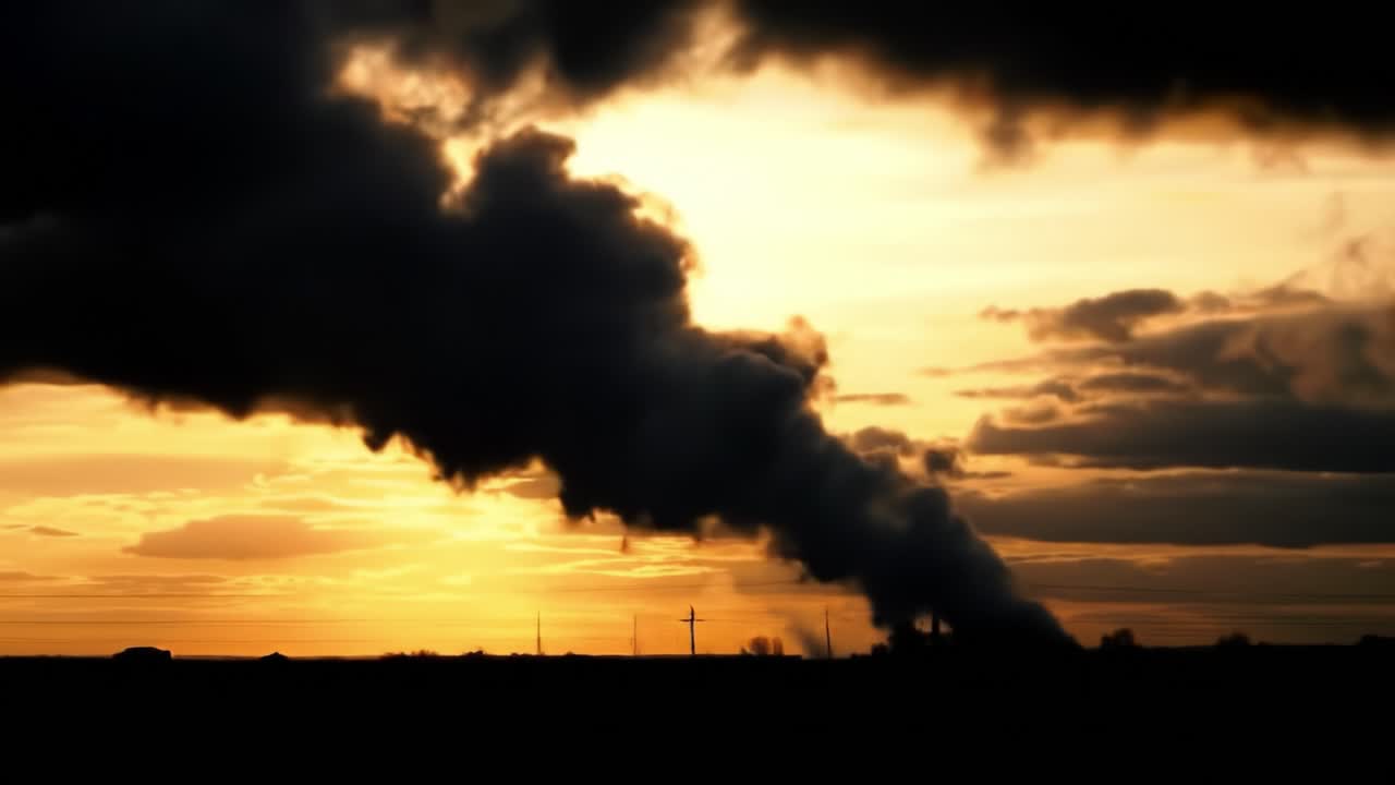 Dramatic Sunset Over Industrial Landscape: Thick Black Smoke Billows Against a Golden Horizon, Highlighting Environmental Concerns and Man-Made Impact on Nature