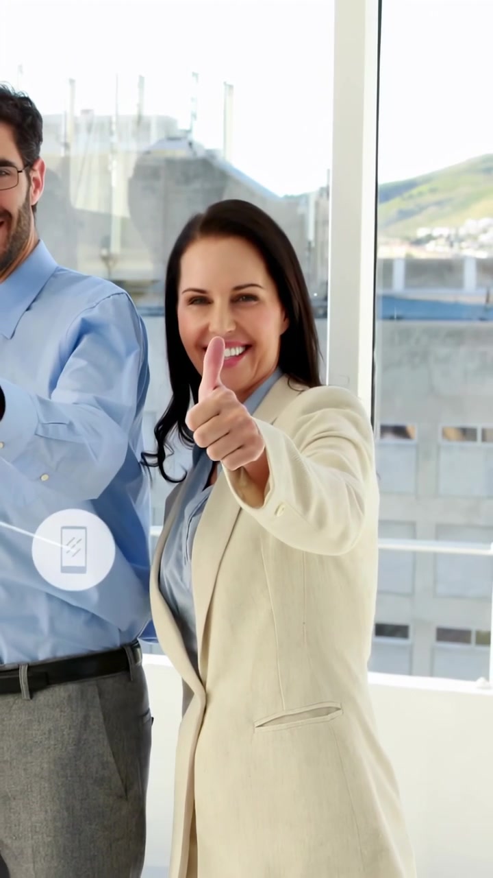 Donna in blazer beige che si gira e fa il pollice in su, attivando icone di rete AR per la tecnologia aziendale