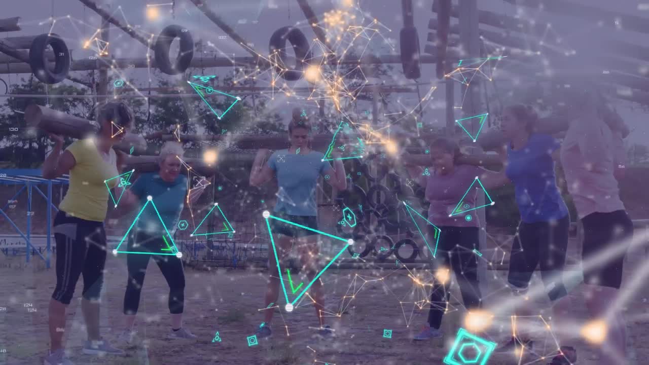 나무 막대기를 들고 있는 장애물 코스에서 다양한 여성들에 대한 모양의 애니메이션