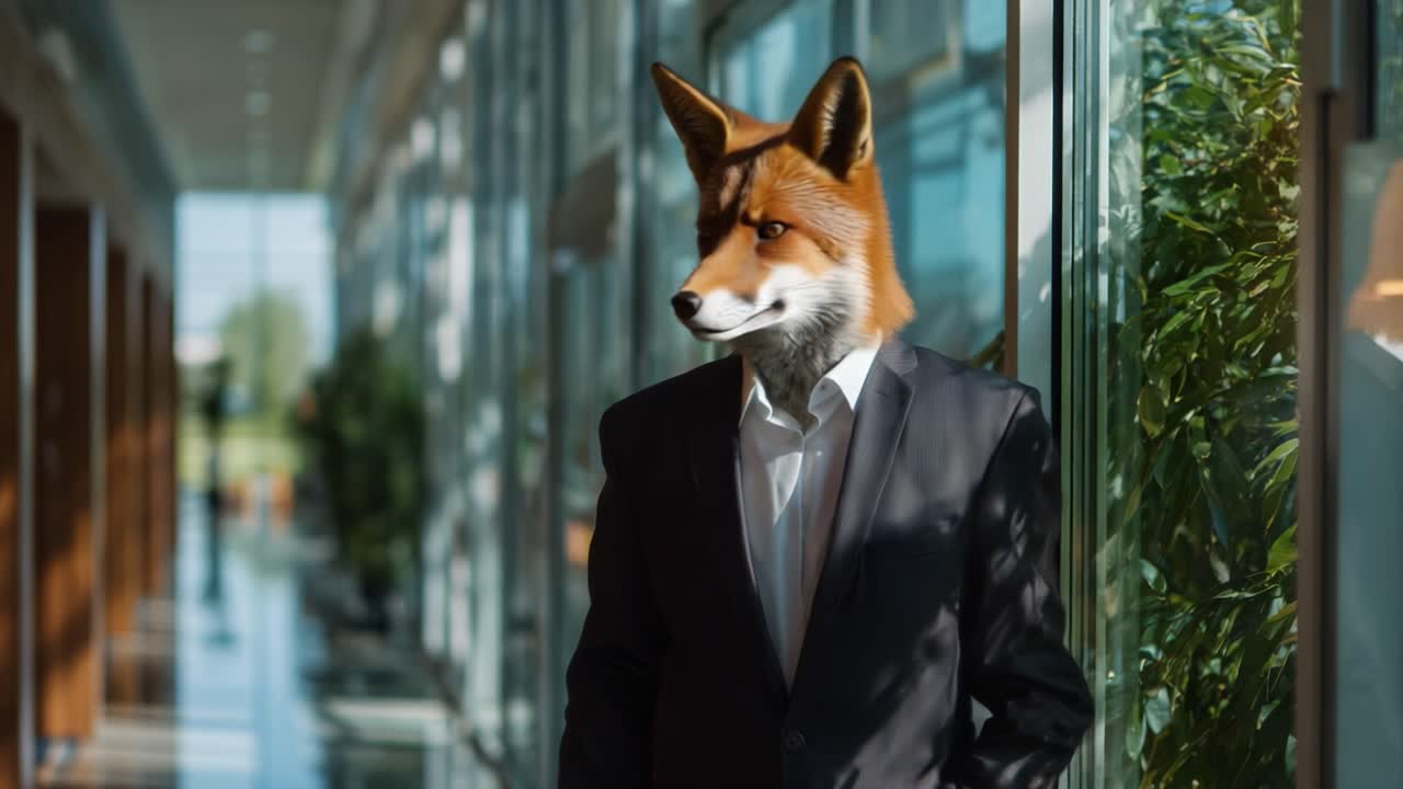 Un zorro con traje se para con confianza en un pasillo de oficina moderno, fusionando la naturaleza con la cultura corporativa, capturando una atmósfera surrealista única.