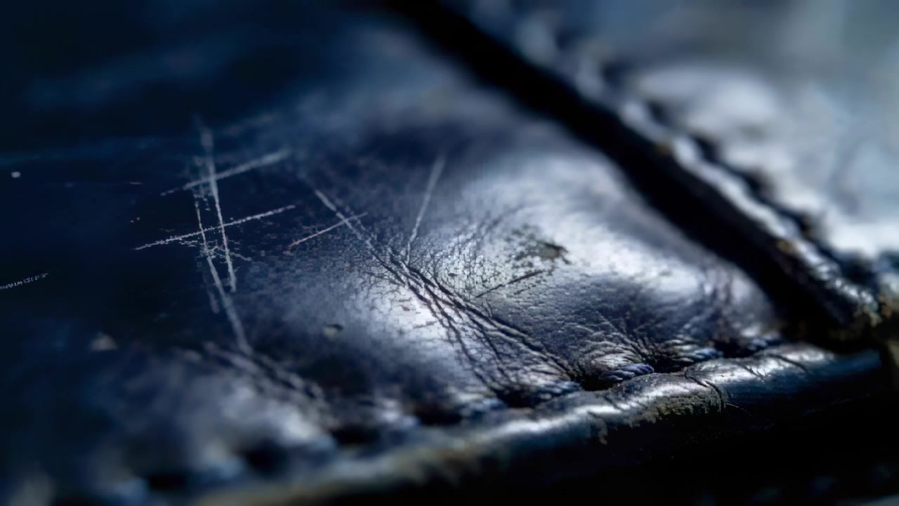 Shifting camera revealing worn dark leather panel in studio to highlight stitched seam, scuffs