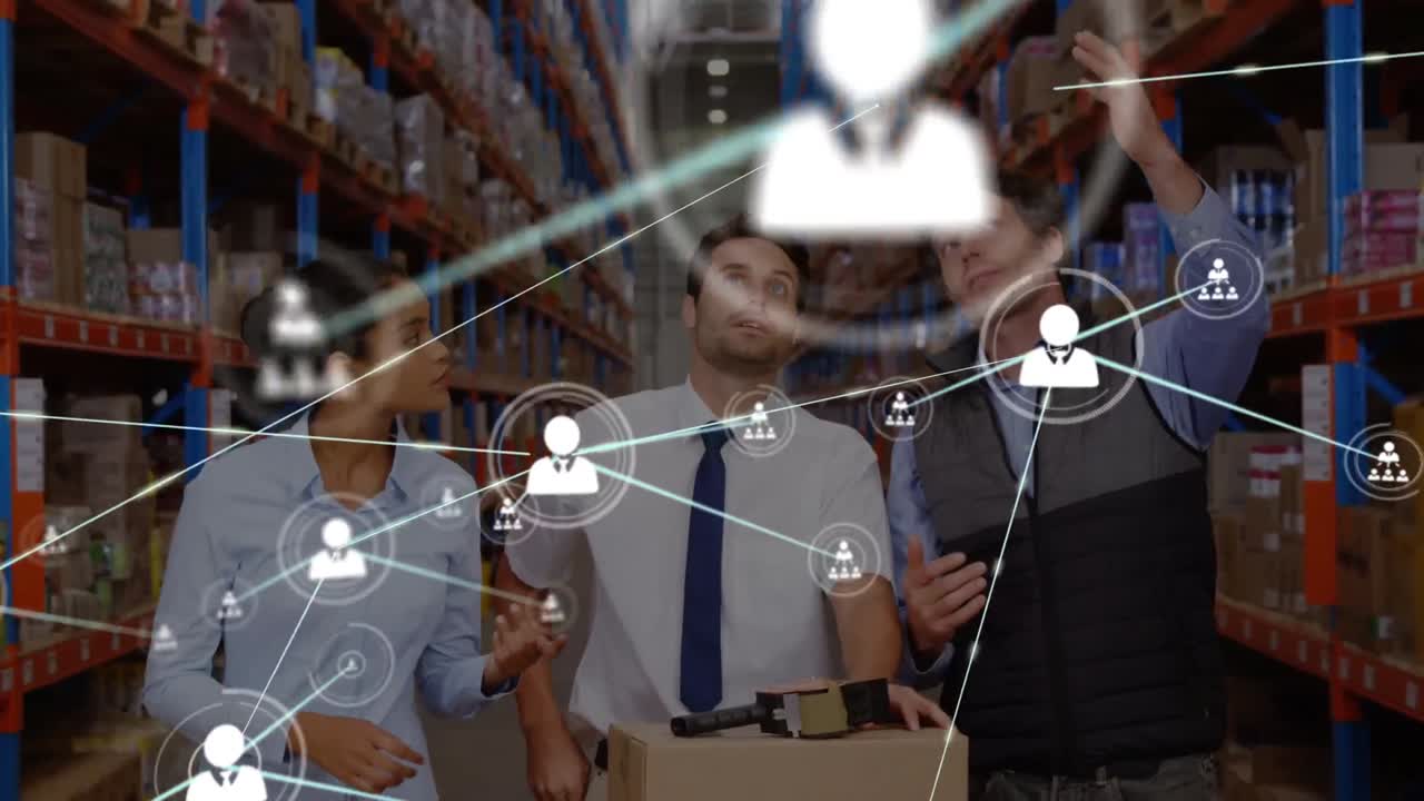 animación de la red de conexiones con iconos sobre diversas personas en el almacén