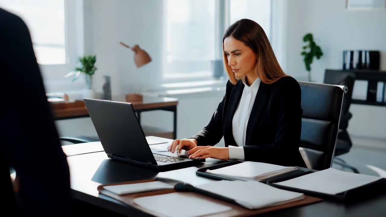 Mulher de negócios a trabalhar num portátil no escritório.