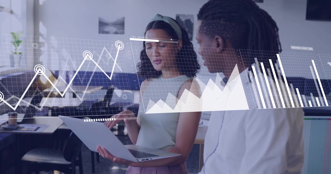 Woman holding laptop, gesturing, activating HUD graphs evolving into bars and map for business