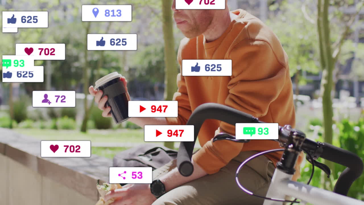 Seated man holding coffee cup and sandwich in urban park, viewing animated marketing chart overlay