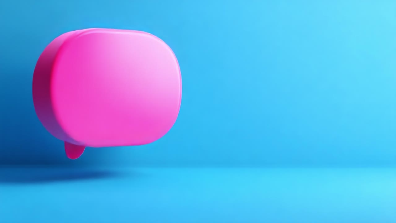 A vibrant pink speech bubble hovers in a blue space, representing communication, expression, and ideas. This visual captures the essence of dialogue and modern interaction through color and form