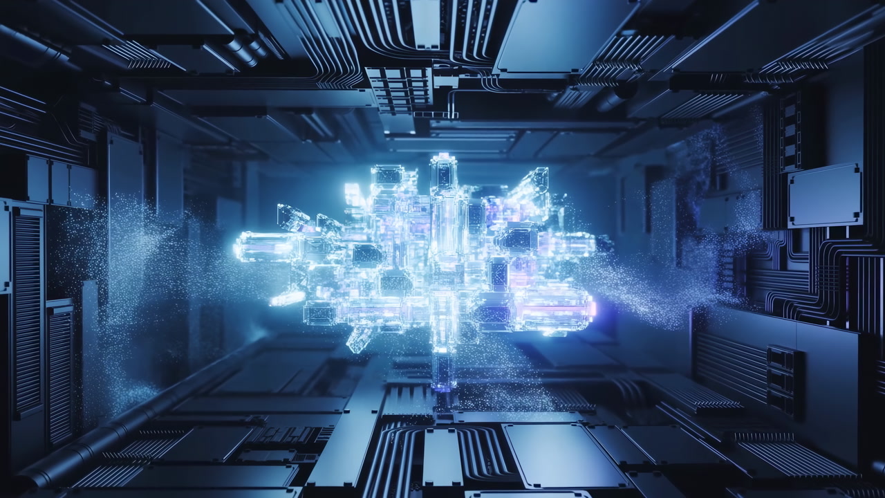 Glowing Holographic Chip Floats Inside Server Rack, Blue Neon Core Pulses With Particle Trails, Metallic