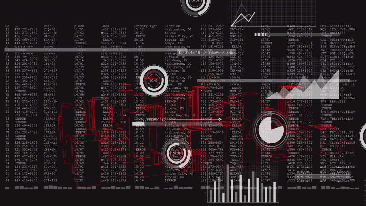 Animation of digital data with analytics overlaying red cityscape, featuring graphs
