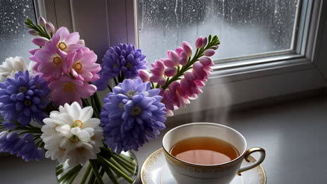 cozy tea and flowers by a rainy window