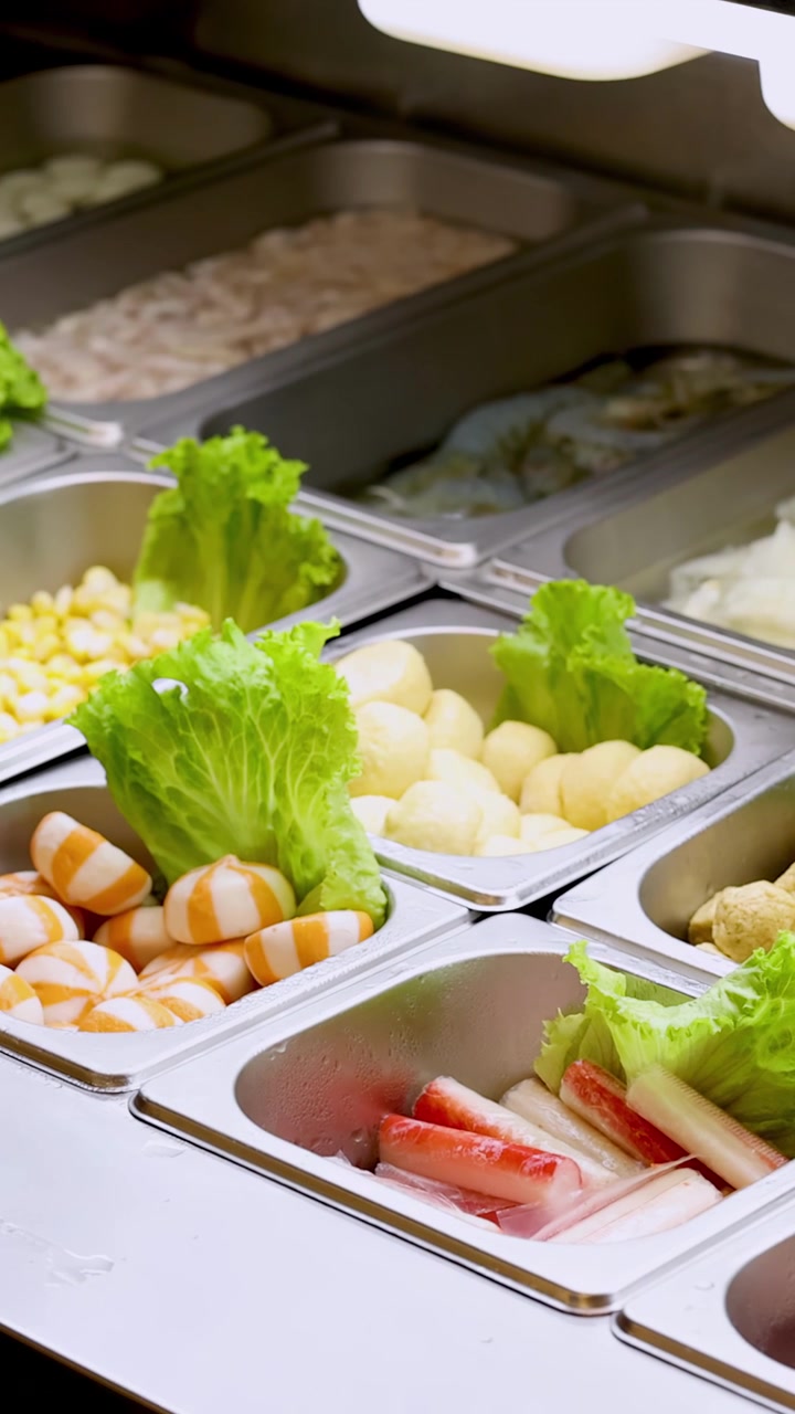 Lenta panoramica su vassoi buffet in acciaio inossidabile pieni di colorati ingredienti per hotpot asiatico sotto un'illuminazione intensa.