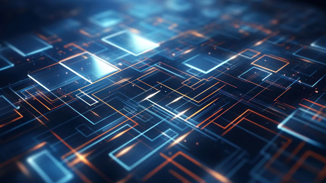 Futuristisk digitalt rutenett med glødende linjer og firkanter, sett fra en vinkel ovenfra og ned