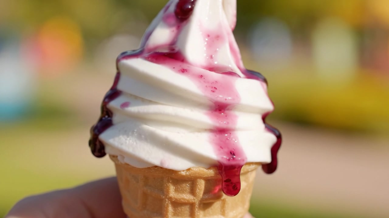 Delizioso cono gelato con panna montata e salsa ai frutti di bosco che cola sotto la calda luce del sole, catturato in due splendide inquadrature