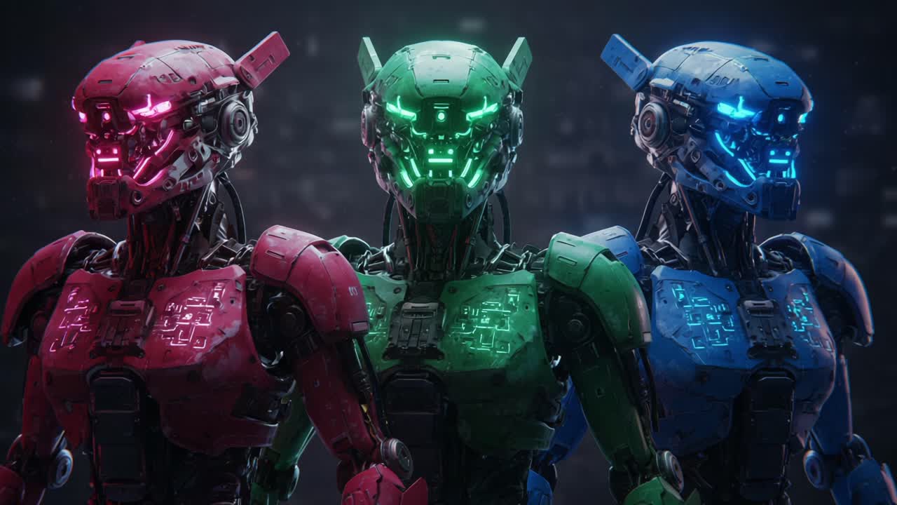 A Stunning Display of Futuristic Cybernetic Design Featuring Three Distinct Robotic Constructs, Illuminated in Vibrant Colors, Showcasing Advanced Technology and Artistry