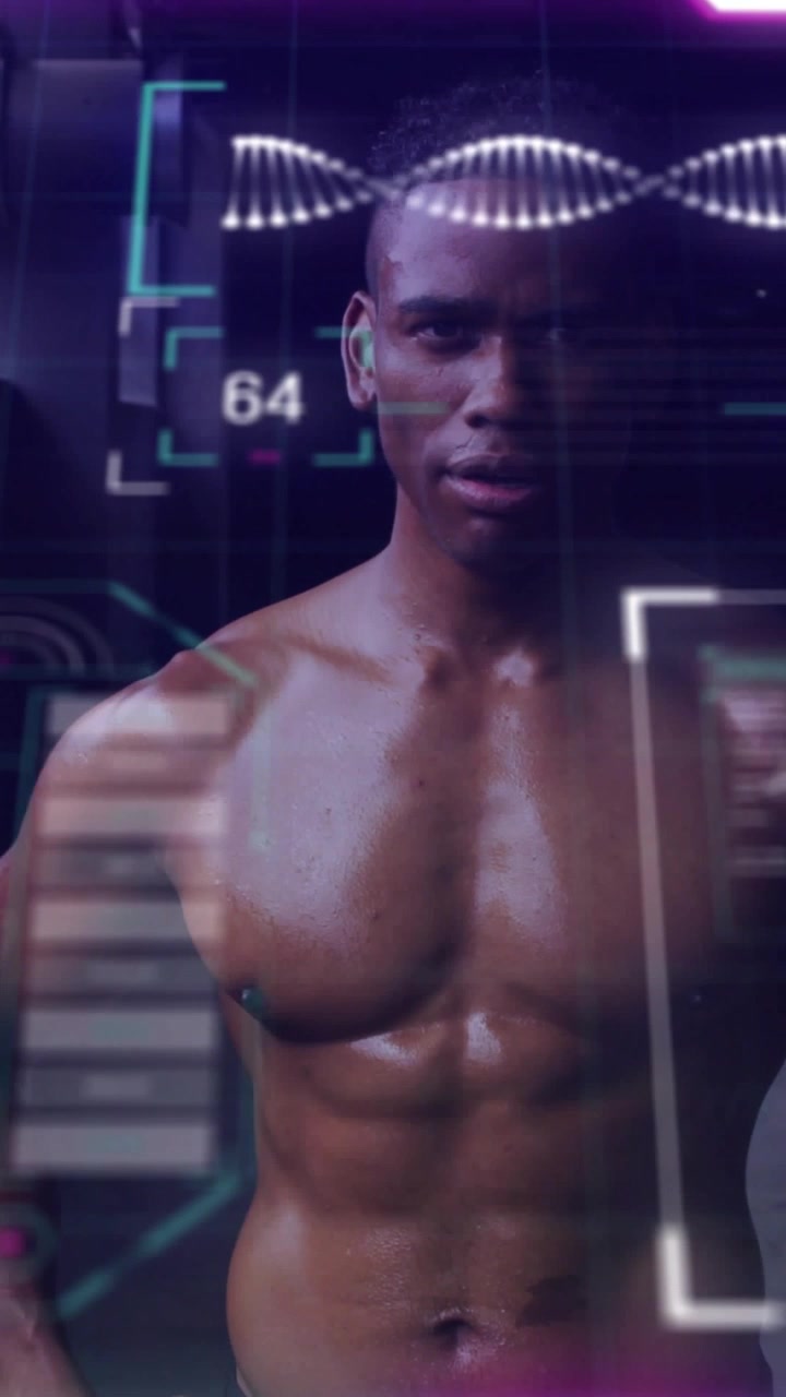 Video verticale: Atleta maschio che entra in una cabina, con un HUD traslucido a doppia elica di DNA che scansiona i parametri vitali per il fitness.