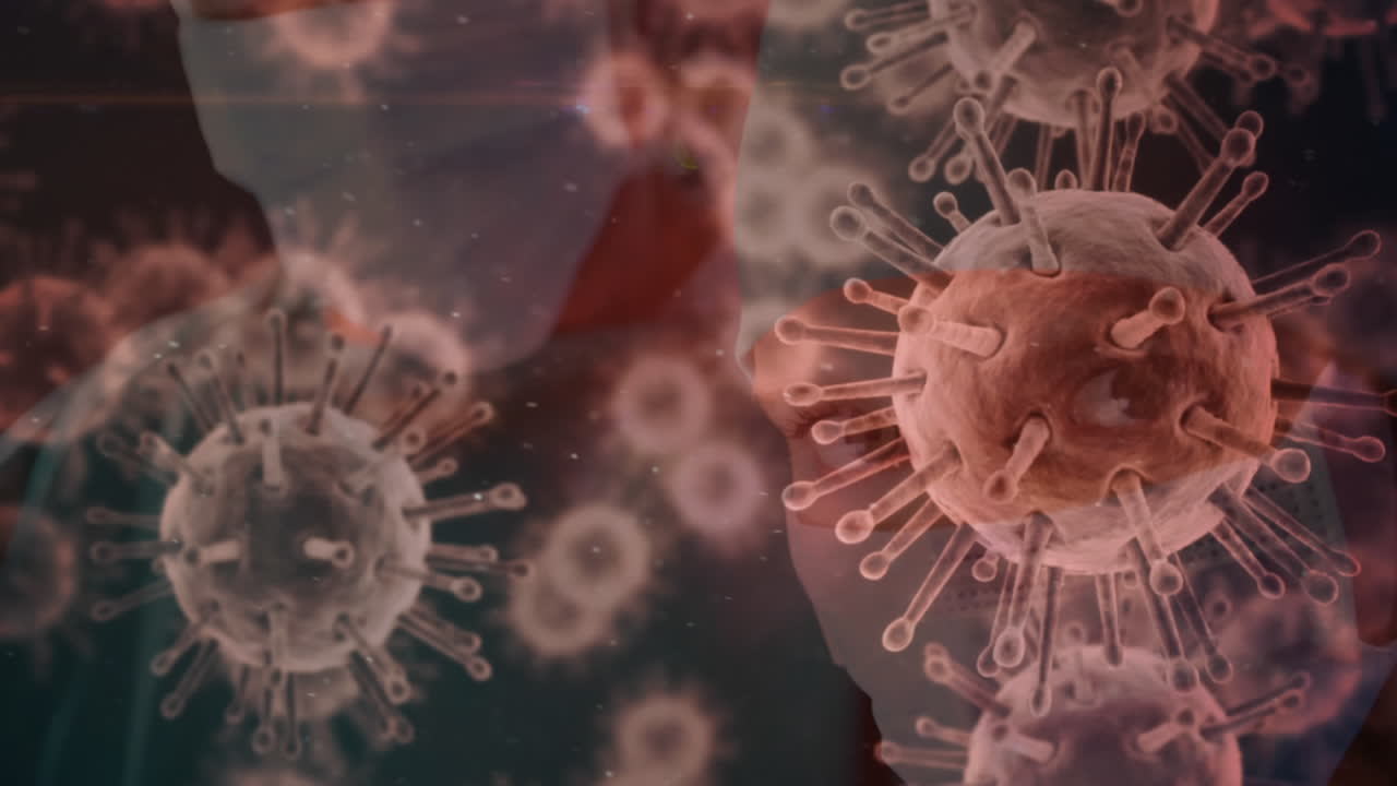 Animazione del coronavirus Covid-19 in diffusione con un operatore sanitario sullo sfondo.