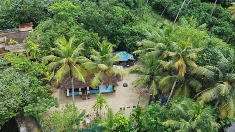 aerial view of a rural house in asia standing among plants and coconut trees , and the canal that flows in front, village house