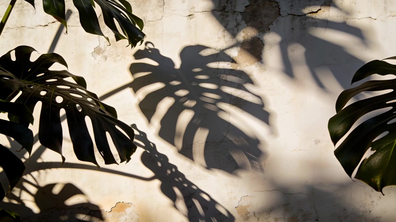 Shifting Monstera leaves from breeze casting lobed shadows across pale plaster wall with damp mark