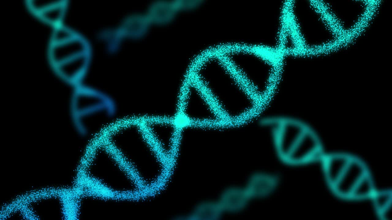 2D animation of five DNA composed of particles on a black background. 60FPS. The object is oblique. The focus is on the front.