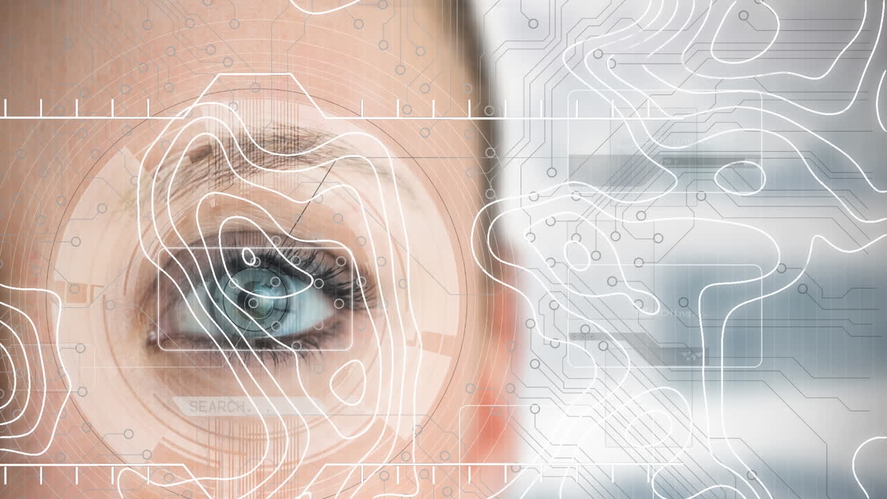 백인 여성의 눈 위에서 움직이는 모양의 애니메이션과 데이터 처리