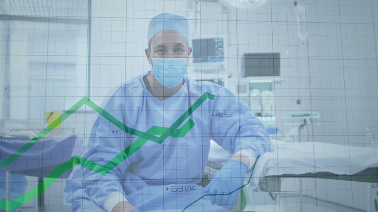 Chirurg zit in de OK en beweegt, terwijl een monitor een groene grafiek toont die langs de borst beweegt en vitale functies volgt.