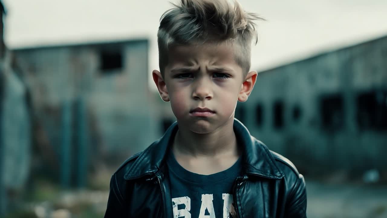 버려진 건물 앞에 서 있는 가죽 재을 입은 어린 소년