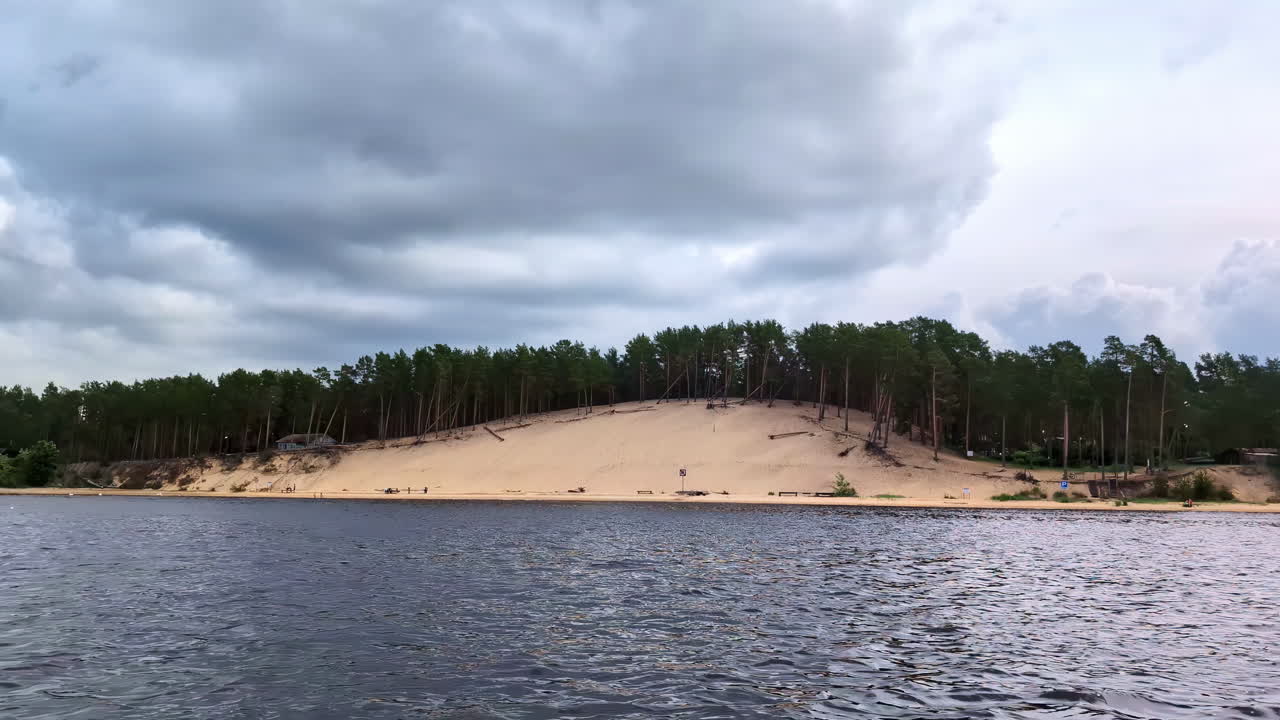 playa tranquila con bosque de pinos bajo un cielo nublado junto al mar