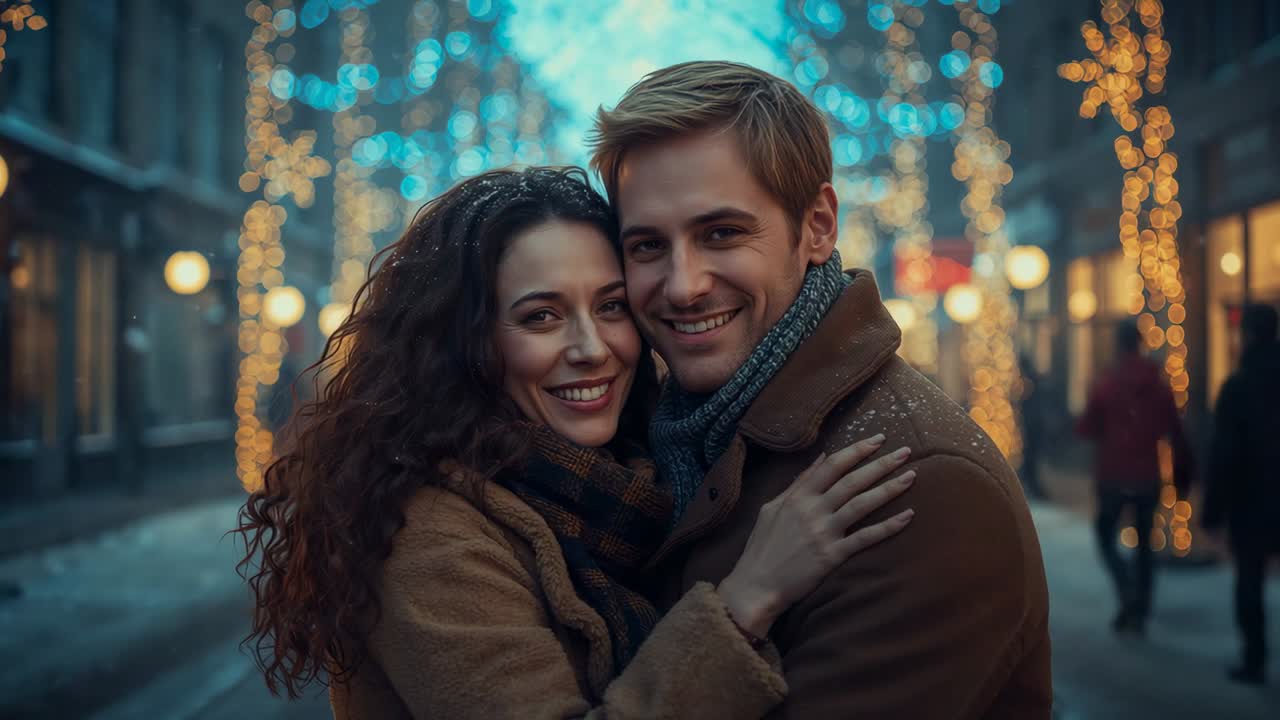 Couple enlacé, attiré par des lumières scintillantes dans une rue piétonne enneigée, partageant une conversation