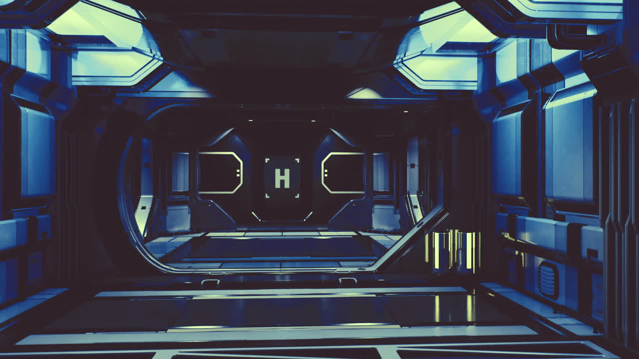 Futuristic corridor with glowing elements and a central docking area