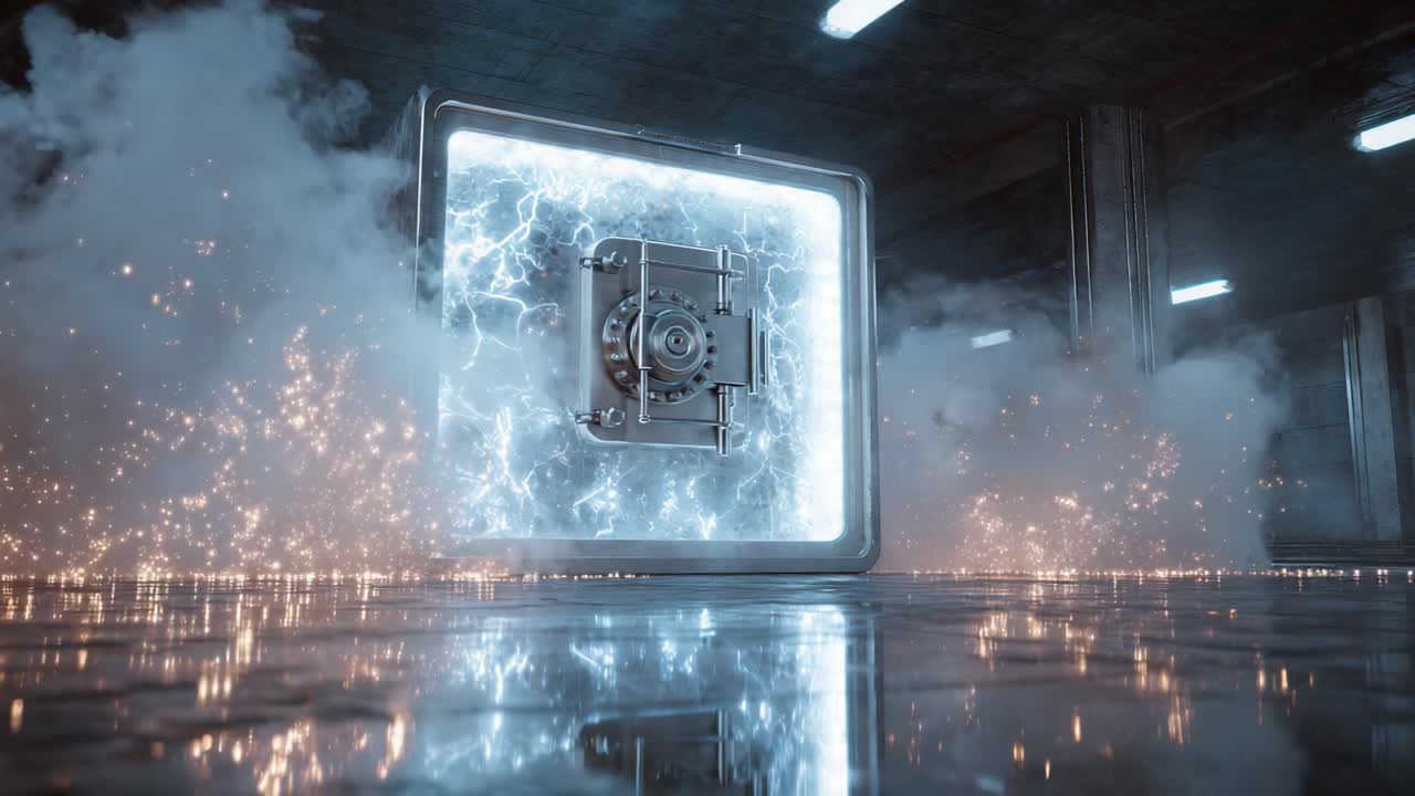 Mysterious and secure futuristic bank vault door glowing with powerful blue electrical energy and surrounded by smoke and sparks, suggesting high tech protection and advanced security