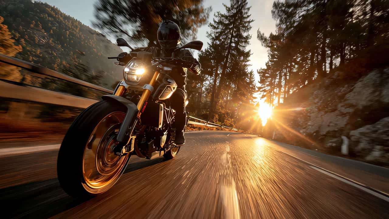 Mountain sunset ride on black sports bike thrill and serenity