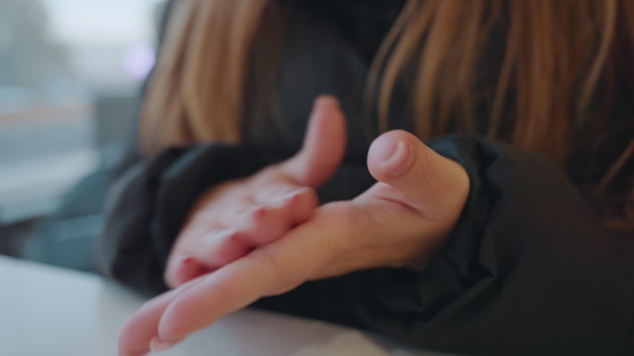 Close hands on table, subtle snatcher tension, woman in dark jacket slides fingers across palm, gentle manicure, waiting gesture in cozy cafe interior with soft natural light and blurred background