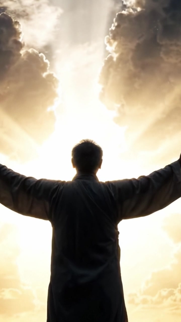 Una figura serena abraza la luz divina entre nubes dramáticas, irradiando esperanza e inspiración en un momento de contemplación y conexión con el universo