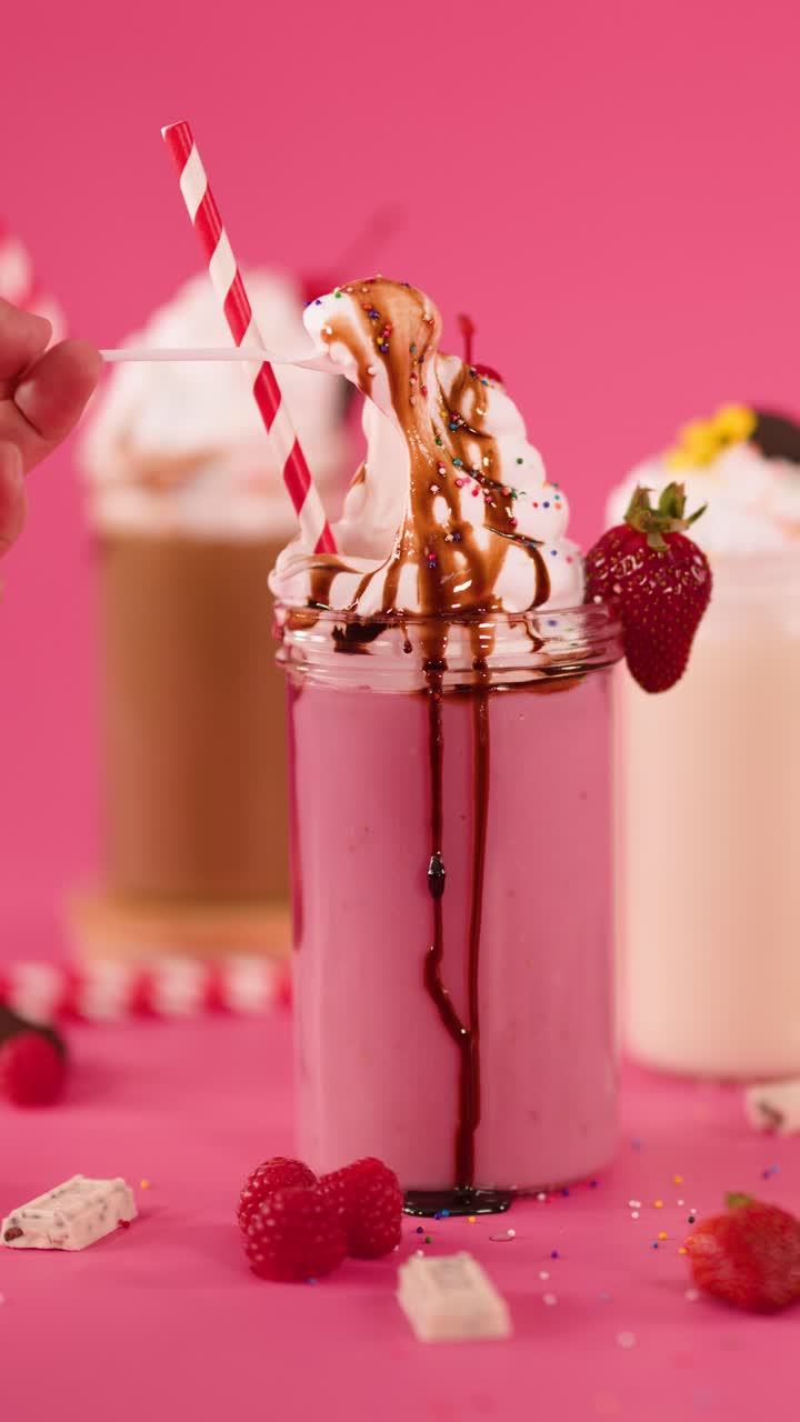 Una mano raccoglie panna montata da un milkshake rosa alla fragola con un filo di cioccolato, sotto una vivace illuminazione da studio.