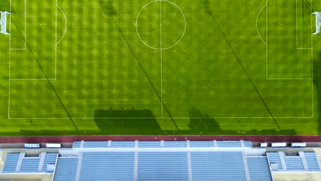 Soccer-Field-in-Stadium-with-No-People-on-Grass-Turf---Aerial-Overhead-Drone