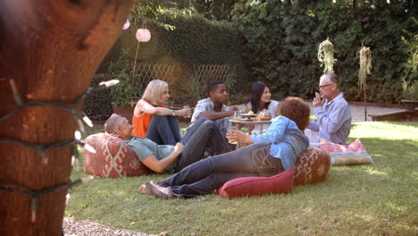 grupo de amigos maduros disfrutando de un picnic en el patio trasero juntos