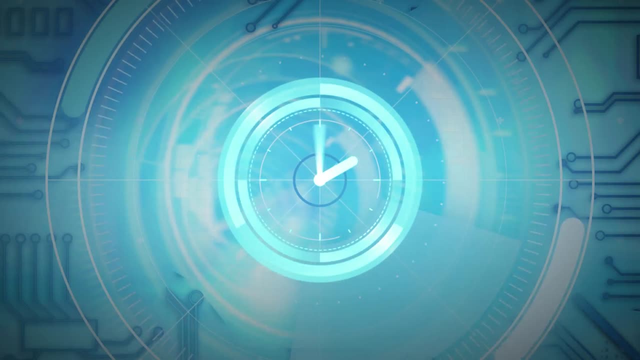 Animation of clock, scope scanning and data processing over circuit board