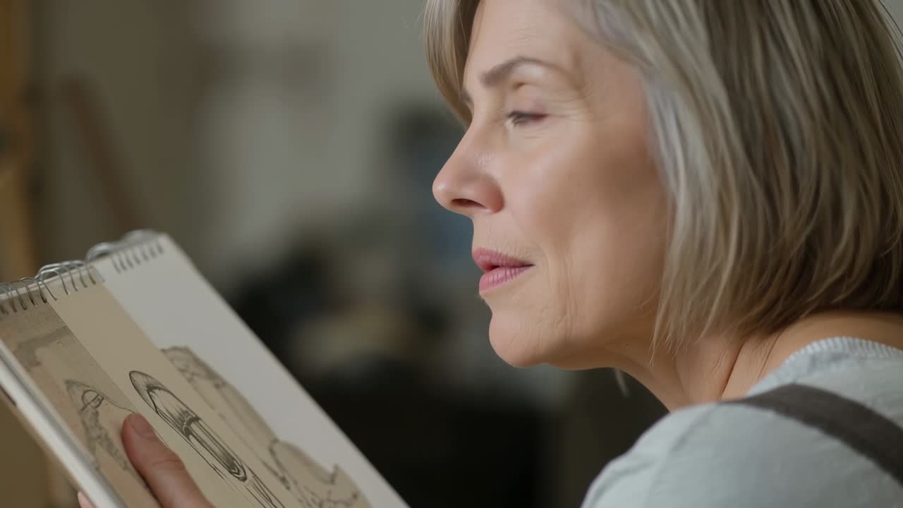 Vertical video: Lifting pad, artist in apron studying drawing with pencil at home, refining sketch